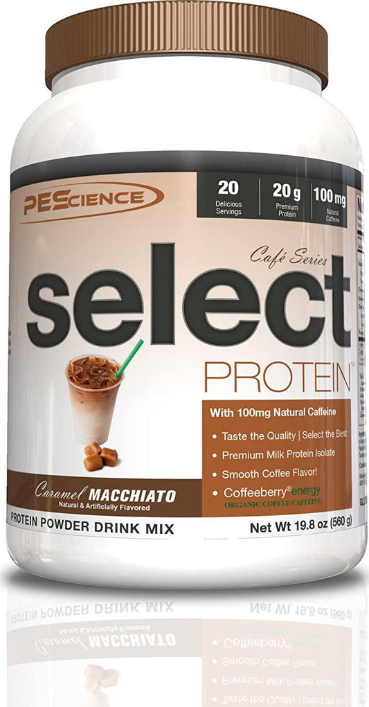 PEScience Select Cafe Protein, Caramel Macchiato, 20 Servings, Coffee Flavored Whey and Casein Blend