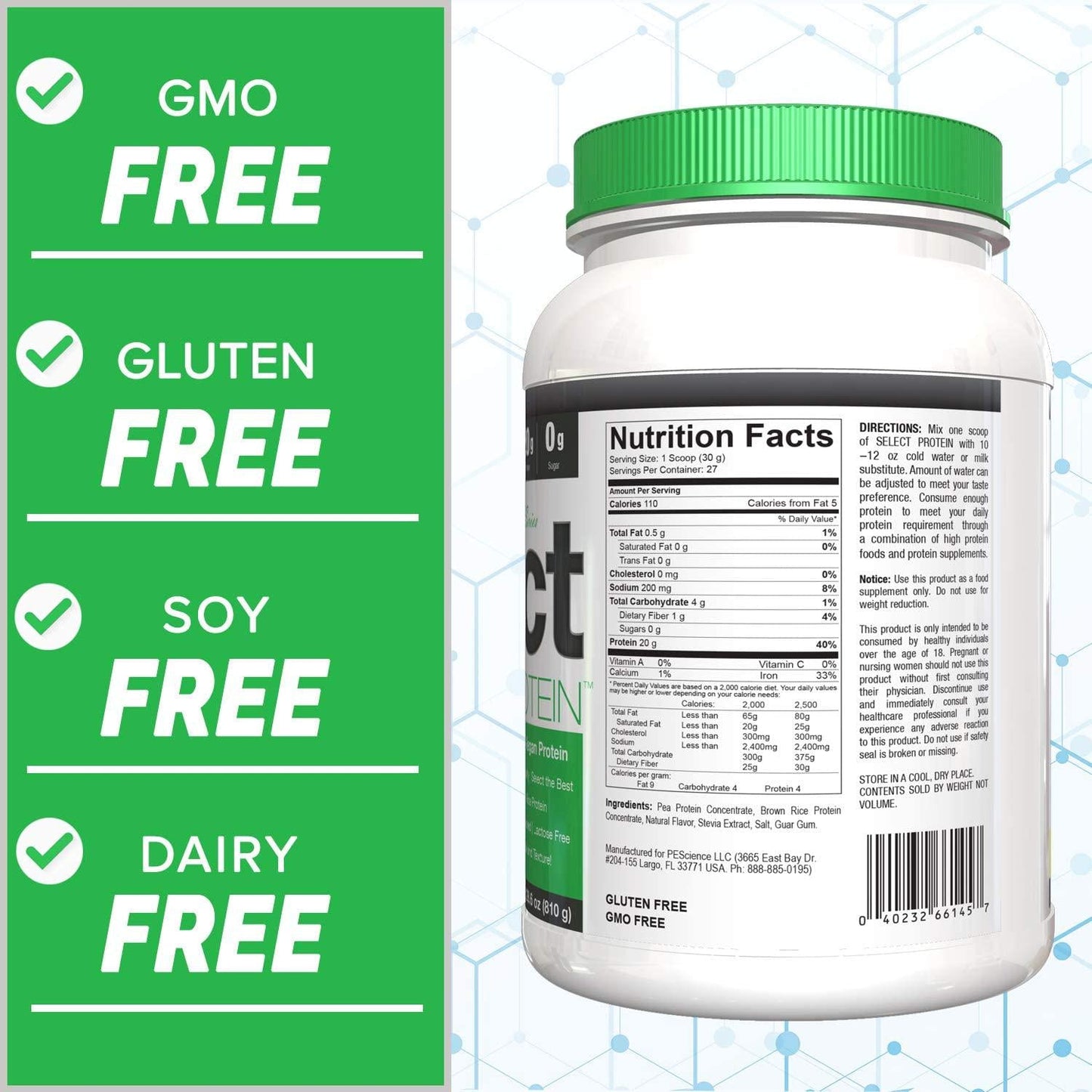 PEScience Select Vegan Plant Based Protein Powder, Vanilla, 27 Serving, Pea and Brown Rice Blend