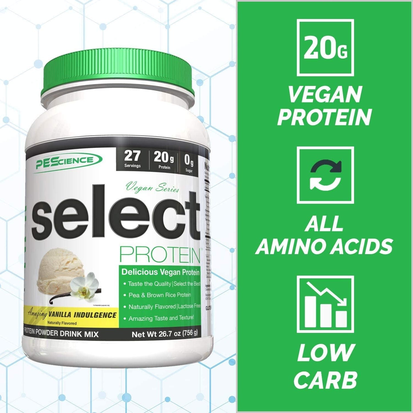 PEScience Select Vegan Plant Based Protein Powder, Vanilla, 27 Serving, Pea and Brown Rice Blend