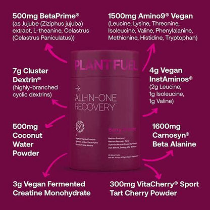 PLANTFUEL Vegan All-in-One Recovery Post Workout Drink - Plant Based, 3g of Creatine, 5.5g of BCAA's and EAA's Berry Breeze (20 Servings)