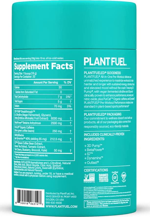 PLANTFUEL Vegan All-in-ONE PRE-Workout Fast-Acting, Clean Plant Based Energy, Featuring 3D Pump with PurCaf Organic Caffeine (20 Servings) Watermelon