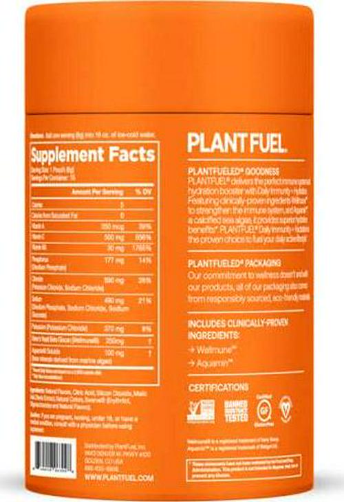 PLANTFUEL Vegan Daily Immunity and Hydration Powder Packets - with Wellmune and Aquamin 72 Trace Minerals, Electrolytes and Vitamin C and B6 (15 Servings) - Citrus Burst