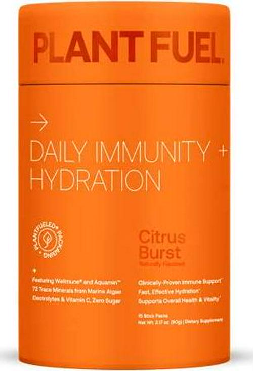 PLANTFUEL Vegan Daily Immunity and Hydration Powder Packets - with Wellmune and Aquamin 72 Trace Minerals, Electrolytes and Vitamin C and B6 (15 Servings) - Citrus Burst