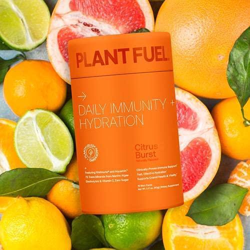 PLANTFUEL Vegan Daily Immunity and Hydration Powder Packets - with Wellmune and Aquamin 72 Trace Minerals, Electrolytes and Vitamin C and B6 (15 Servings) - Citrus Burst