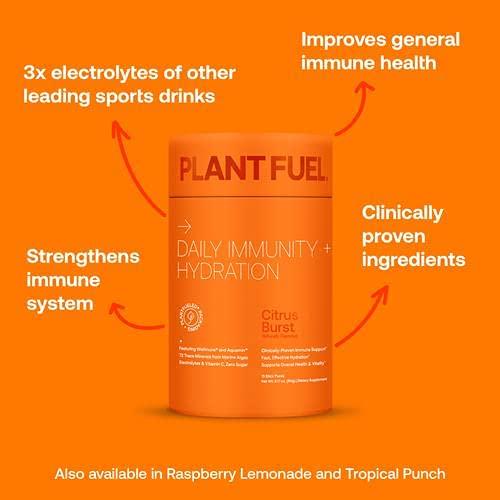 PLANTFUEL Vegan Daily Immunity and Hydration Powder Packets - with Wellmune and Aquamin 72 Trace Minerals, Electrolytes and Vitamin C and B6 (15 Servings) - Citrus Burst