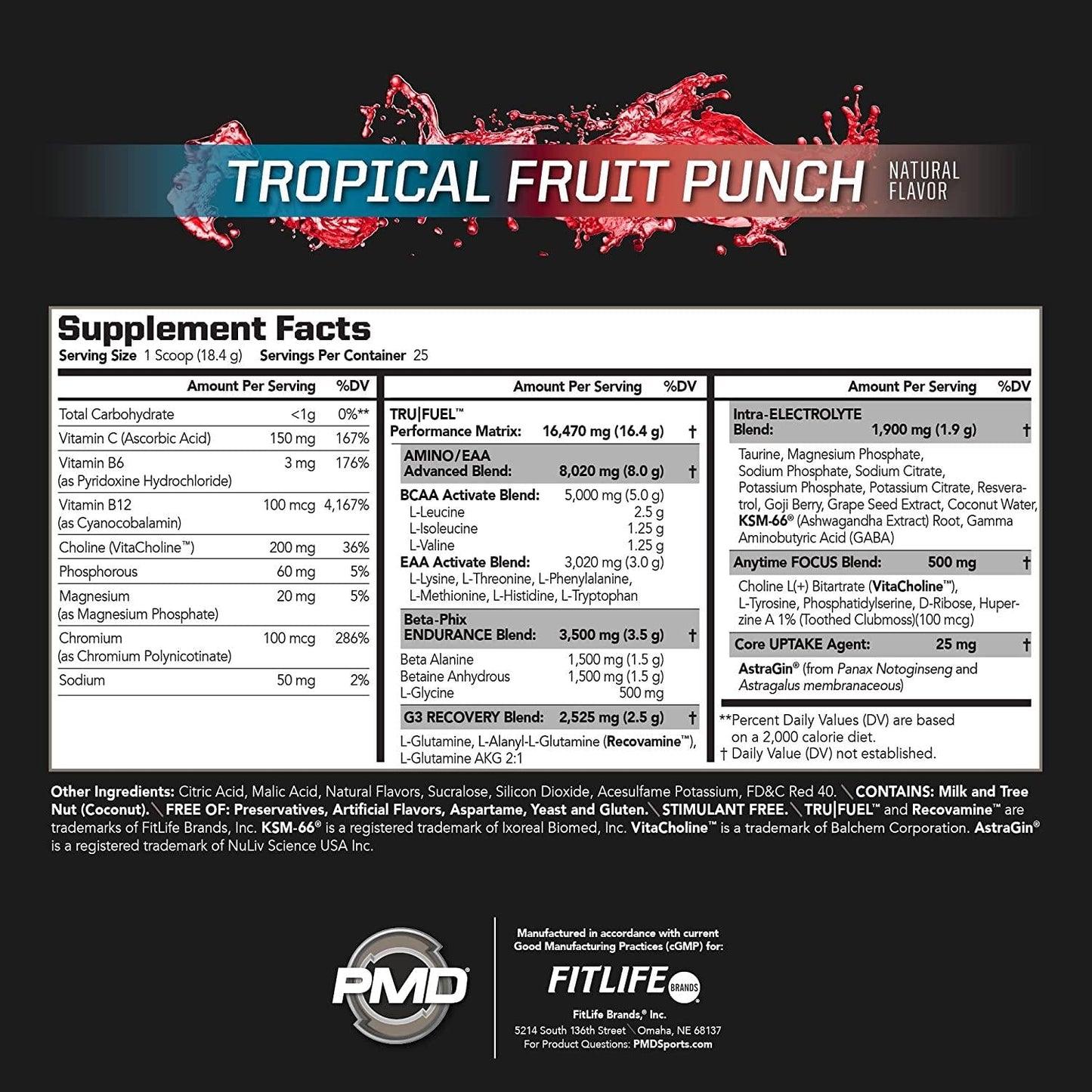 PMD Sports Core Fuel Endurance Performance and Recovery BCAAs, EAAs, Beta Alanine, Betaine Anhydrous, Glutamine, Electrolytes Muscle Growth, Strength, Endurance, Focus, Recovery Stim Free-Creatine Free Tropical Fruit Punch (25 Servings)
