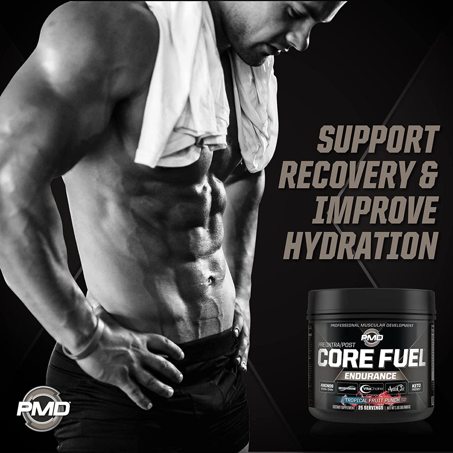 PMD Sports Core Fuel Endurance Performance and Recovery BCAAs, EAAs, Beta Alanine, Betaine Anhydrous, Glutamine, Electrolytes Muscle Growth, Strength, Endurance, Focus, Recovery Stim Free-Creatine Free Tropical Fruit Punch (25 Servings)