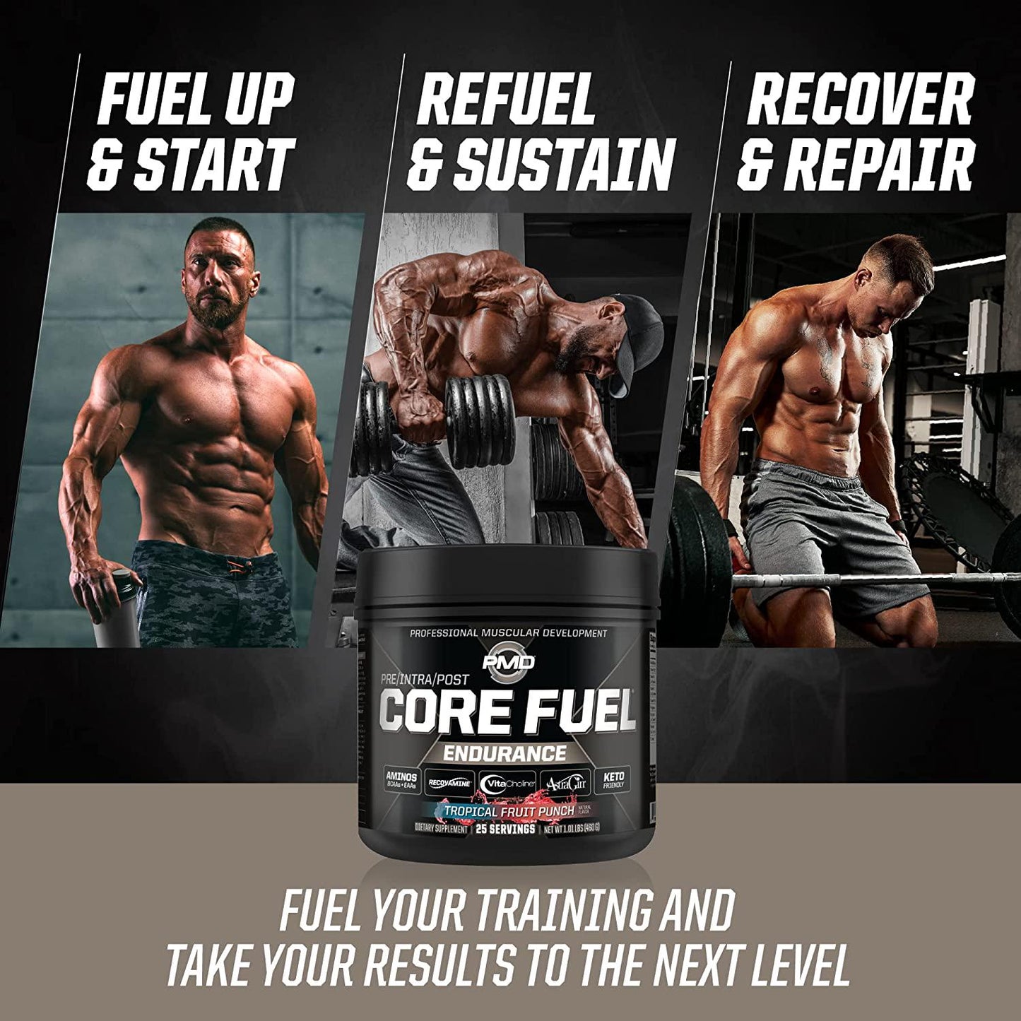PMD Sports Core Fuel Endurance Performance and Recovery BCAAs, EAAs, Beta Alanine, Betaine Anhydrous, Glutamine, Electrolytes Muscle Growth, Strength, Endurance, Focus, Recovery Stim Free-Creatine Free Tropical Fruit Punch (25 Servings)