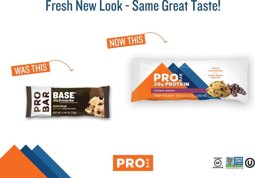 PROBAR - BASE 2.46 Oz Protein Bar, Cookie Dough, 12 Count - Gluten-Free, Plant-Based Whole Food Ingredients