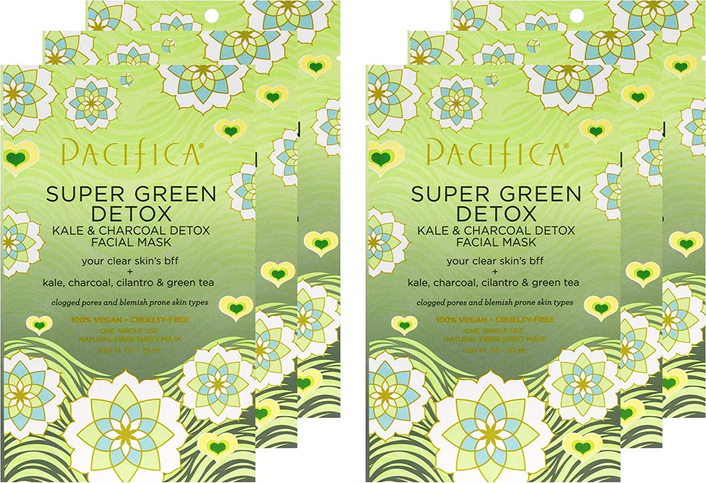 Pacifica Beauty Super Green Detox Kale and Charcoal Facial Sheet Mask, For All Skin Types, 6 Count