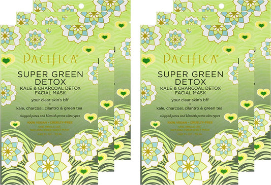 Pacifica Beauty Super Green Detox Kale and Charcoal Facial Sheet Mask, For All Skin Types, 6 Count