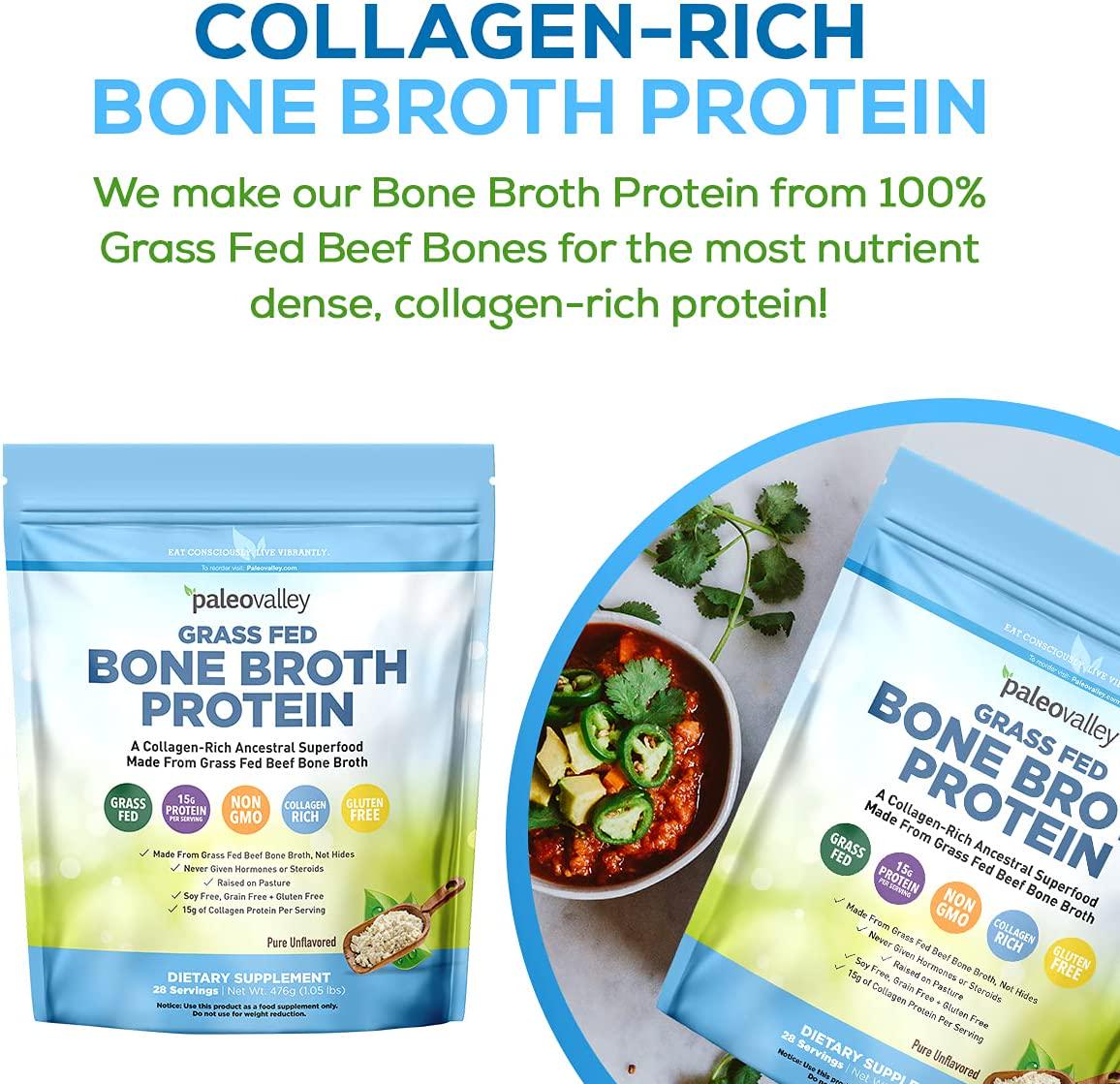 Paleovalley: 100% Grass Fed Bone Broth Protein Powder - Rich in Collagen Peptides for Hair, Skin, Bone, Joint and Gut Health - 28 Servings - 15g Protein Per Serving - No Gluten or GMOs - Keto
