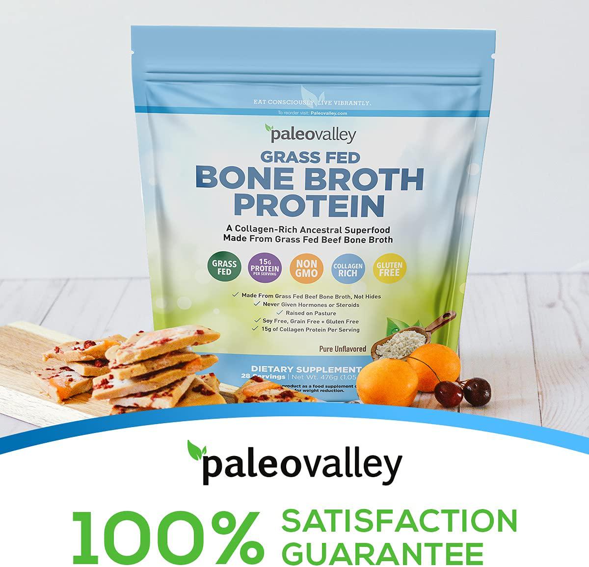 Paleovalley: 100% Grass Fed Bone Broth Protein Powder - Rich in Collagen Peptides for Hair, Skin, Bone, Joint and Gut Health - 28 Servings - 15g Protein Per Serving - No Gluten or GMOs - Keto