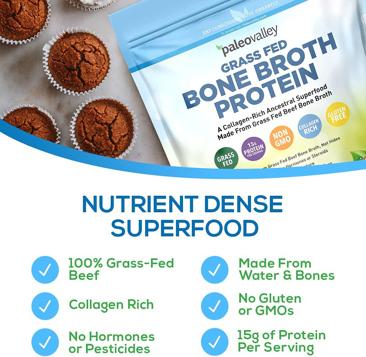 Paleovalley: 100% Grass Fed Bone Broth Protein Powder - Rich in Collagen Peptides for Hair, Skin, Bone, Joint and Gut Health - 28 Servings - 15g Protein Per Serving - No Gluten or GMOs - Keto