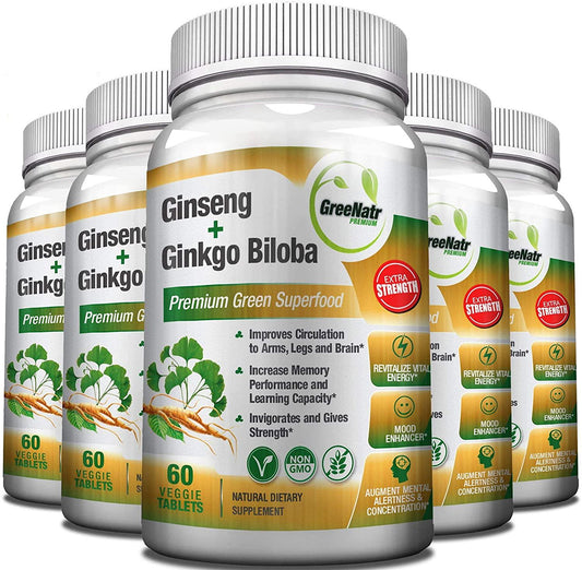 Panax Ginseng + Ginkgo Biloba Tablets - Premium Non-GMO/Veggie Superfood - Traditional Energy Booster and Brain Sharpener - Unique Twin Supplement Combines Ginseng and Ginkgo Biloba (6 Pack)