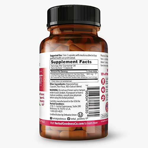 Papaya Leaf Blood Support Capsules - Blood Platelet, Bone Marrow, Immunity Support - Blood Cleanse and Detox Formula- Super Food Health - Herbal Remedy - 60/450mg Veggie Capsules -Made in USA -Herbal Goodness