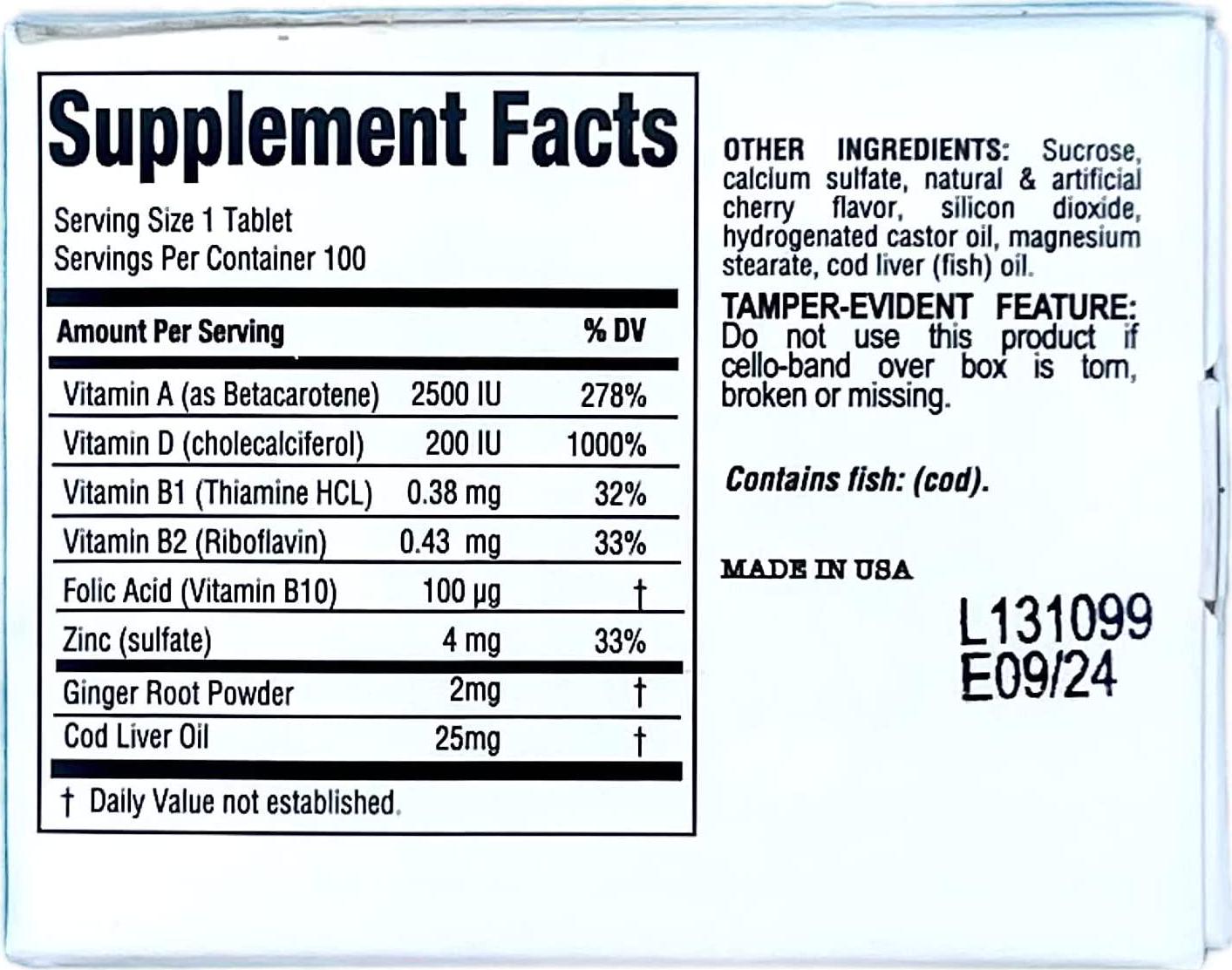 Pastillas Vital Cod Fish Liver Oil 100 Tablets, Vitamin A and D and Reinforced with Vitamin C