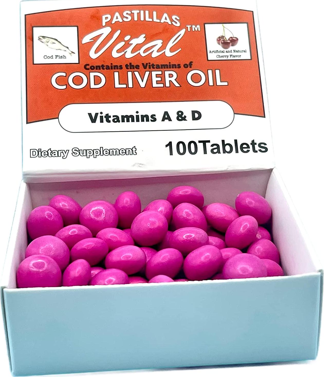 Pastillas Vital Cod Fish Liver Oil 100 Tablets, Vitamin A and D and Reinforced with Vitamin C