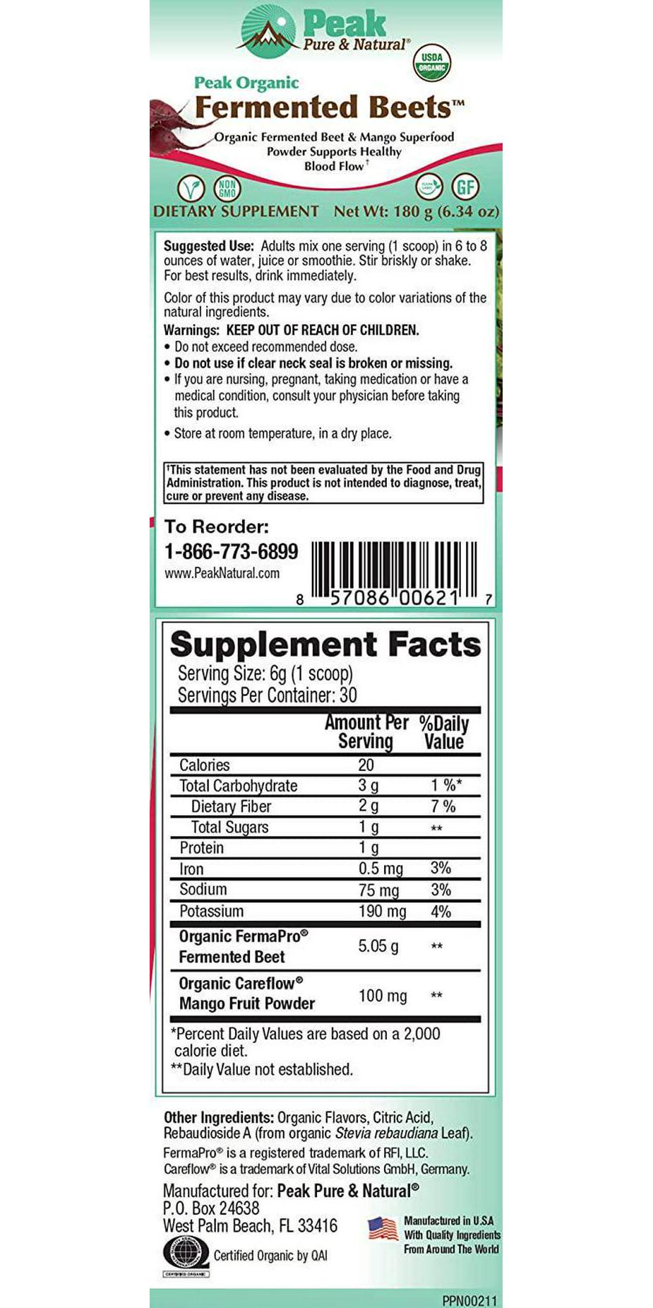 Peak Pure and Natural Peak Organic Fermented Beets - Organic Fermented Beet Powder Superfood Drink Powder - Nitric Oxide Support for Healthy Blood Pressure