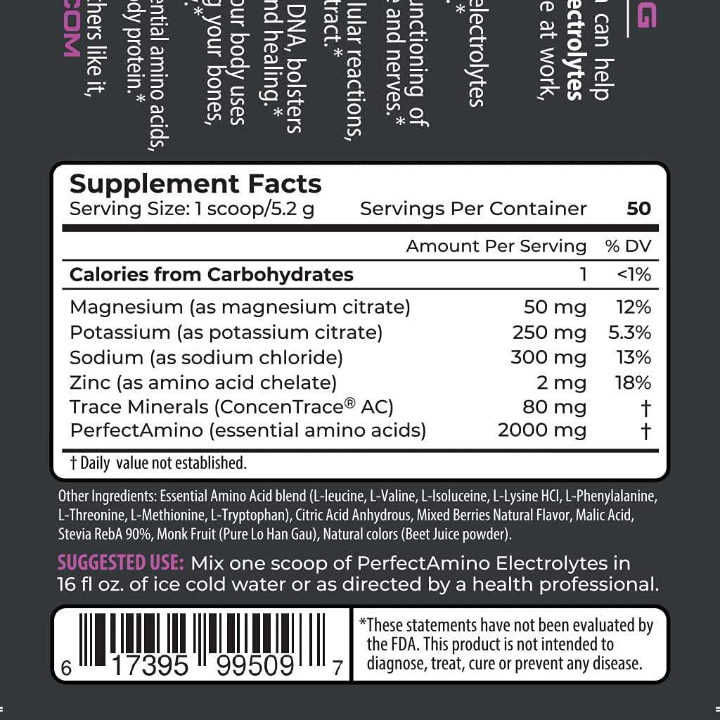 PerfectAmino Electrolytes - Mixed Berry Flavor (50 Servings): Complete Electrolyte Powder with Perfect Amino, Sugar Free (Packaging May Vary)