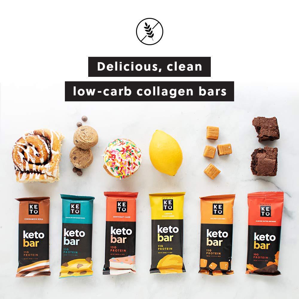 Perfect Keto Bars - The Cleanest Low Carb Keto Snacks with Collagen and MCT. No Sugar Added, Keto Diet Friendly - 3g Net Carbs, 19g Fat, 11g Protein - Keto Diet Food Dessert (Cinnamon Roll, 12 Bars)