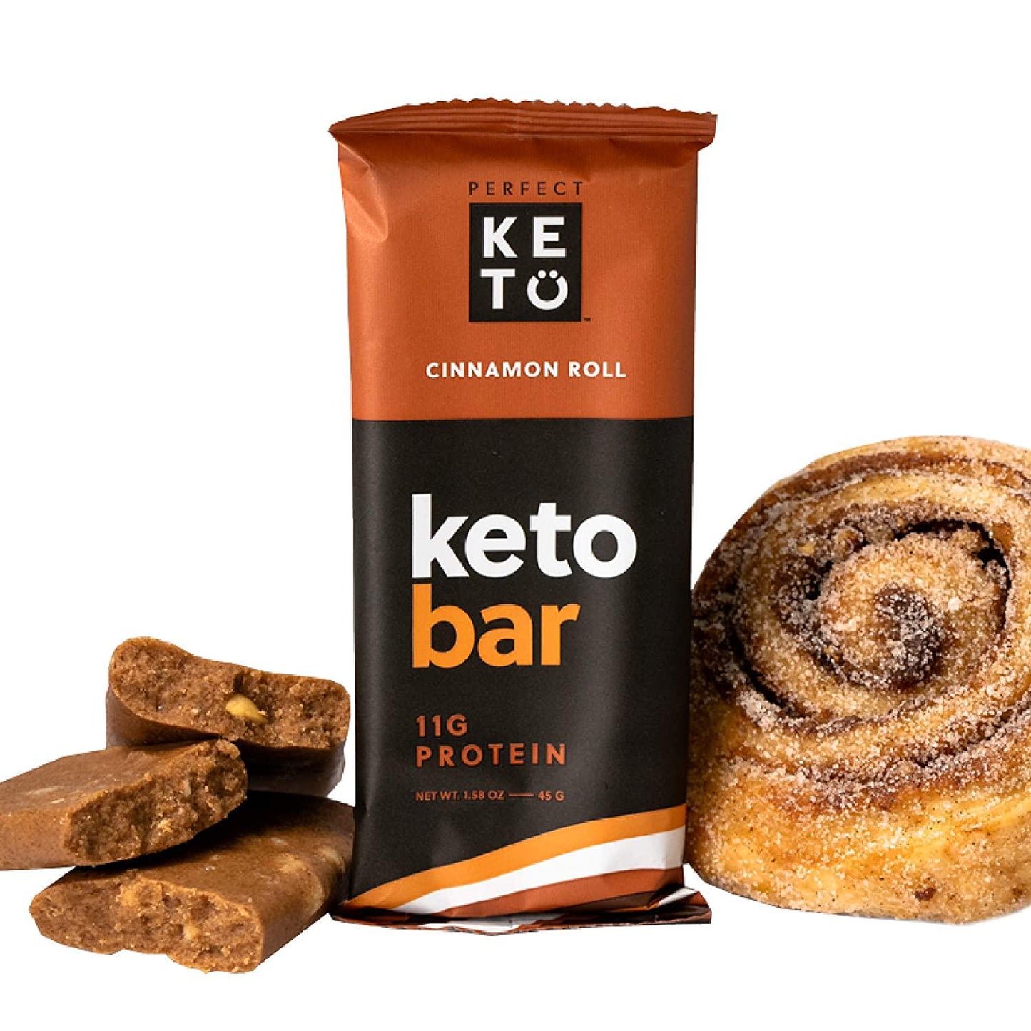 Perfect Keto Bars - The Cleanest Low Carb Keto Snacks with Collagen and MCT. No Sugar Added, Keto Diet Friendly - 3g Net Carbs, 19g Fat, 11g Protein - Keto Diet Food Dessert (Cinnamon Roll, 12 Bars)