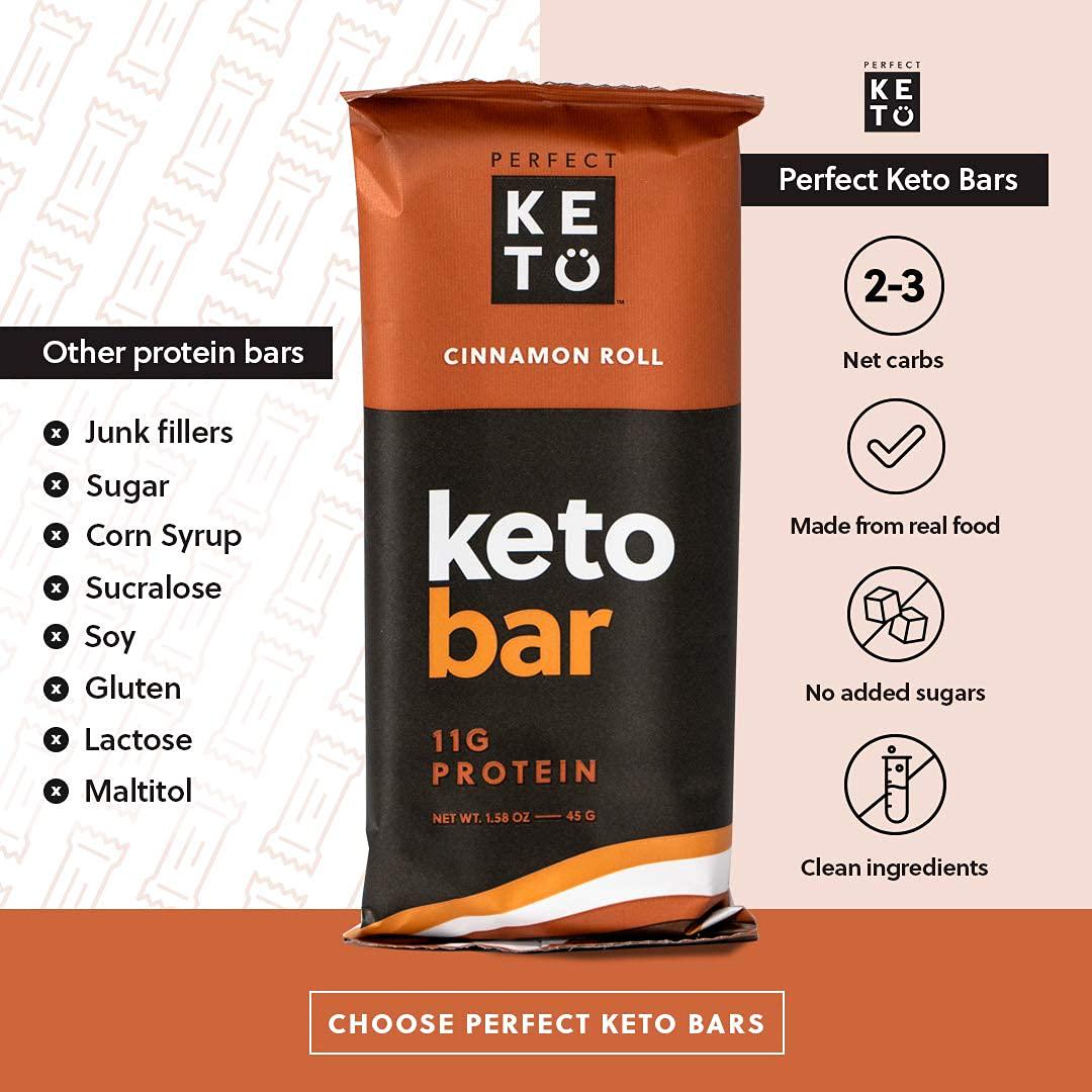 Perfect Keto Bars - The Cleanest Low Carb Keto Snacks with Collagen and MCT. No Sugar Added, Keto Diet Friendly - 3g Net Carbs, 19g Fat, 11g Protein - Keto Diet Food Dessert (Cinnamon Roll, 12 Bars)