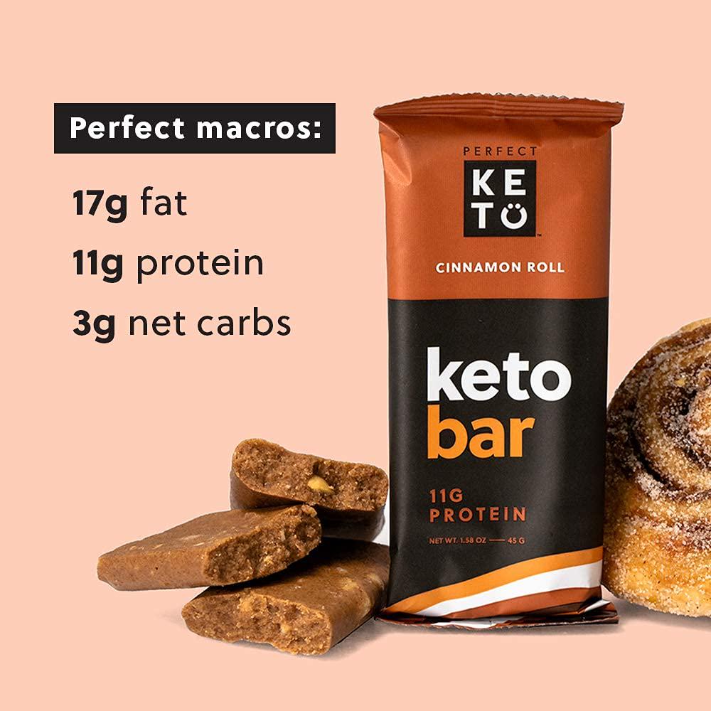 Perfect Keto Bars - The Cleanest Low Carb Keto Snacks with Collagen and MCT. No Sugar Added, Keto Diet Friendly - 3g Net Carbs, 19g Fat, 11g Protein - Keto Diet Food Dessert (Cinnamon Roll, 12 Bars)