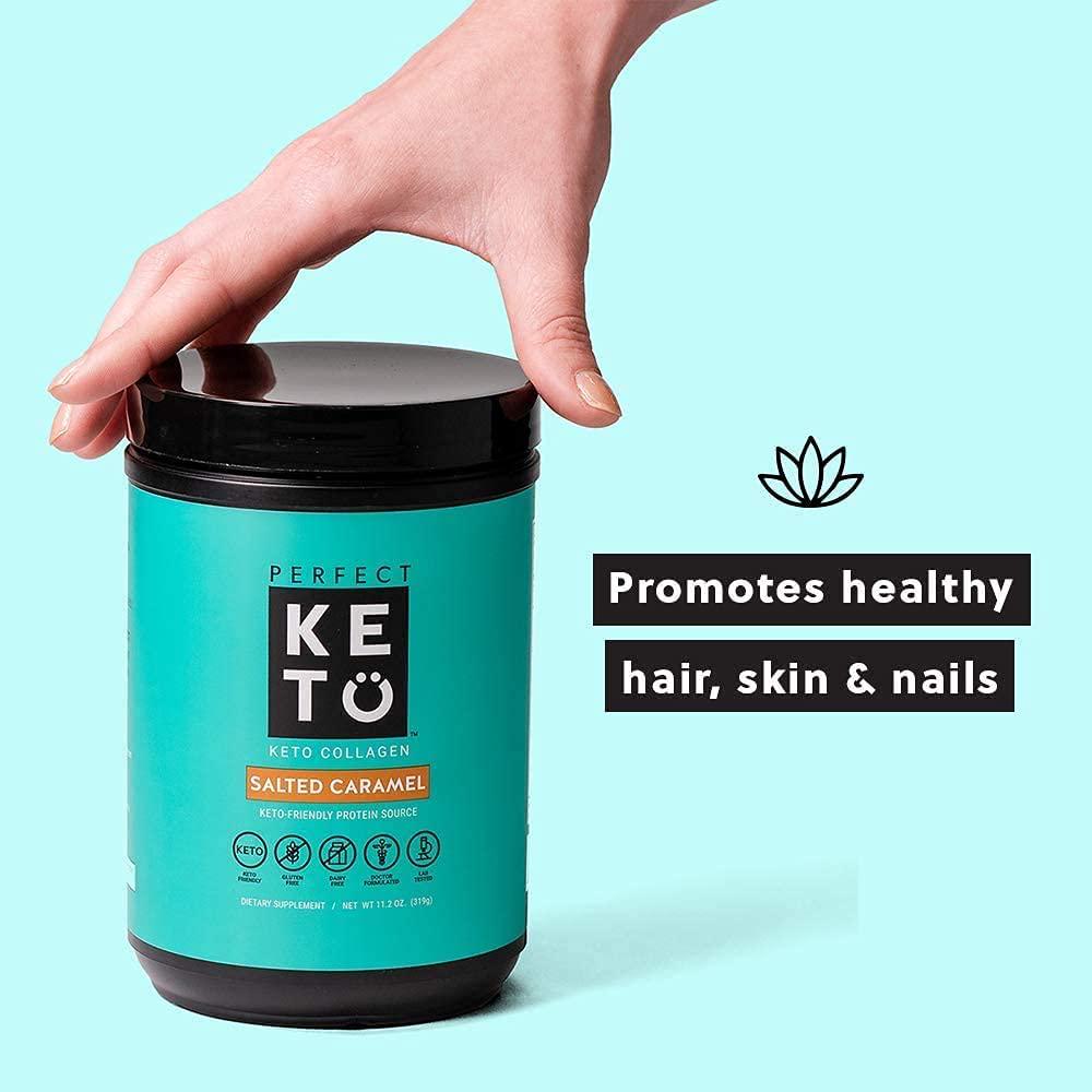 Perfect Keto Protein Powder Salted Caramel: Grass Fed Collagen Peptides Low Carb Keto Drink Supplement with MCT Oil Powder. Best as Keto Drink Creamer or Added to Ketogenic Diet Snacks. Gluten Free