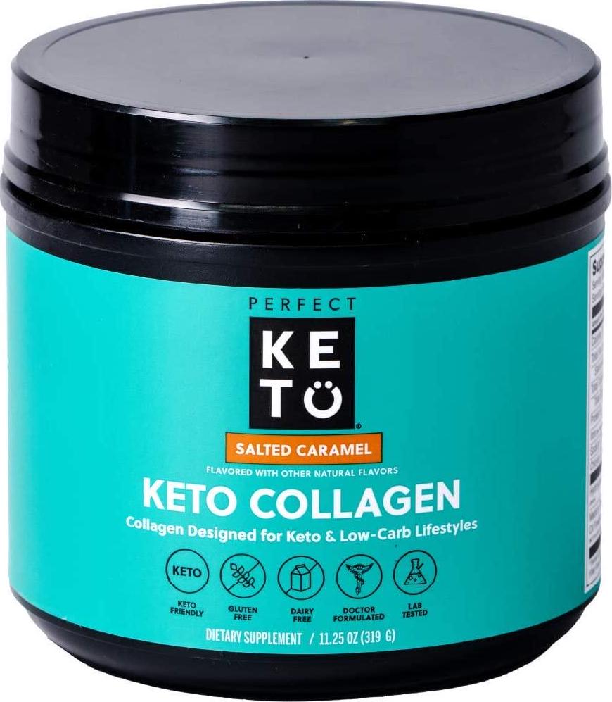 Perfect Keto Protein Powder Salted Caramel: Grass Fed Collagen Peptides Low Carb Keto Drink Supplement with MCT Oil Powder. Best as Keto Drink Creamer or Added to Ketogenic Diet Snacks. Gluten Free