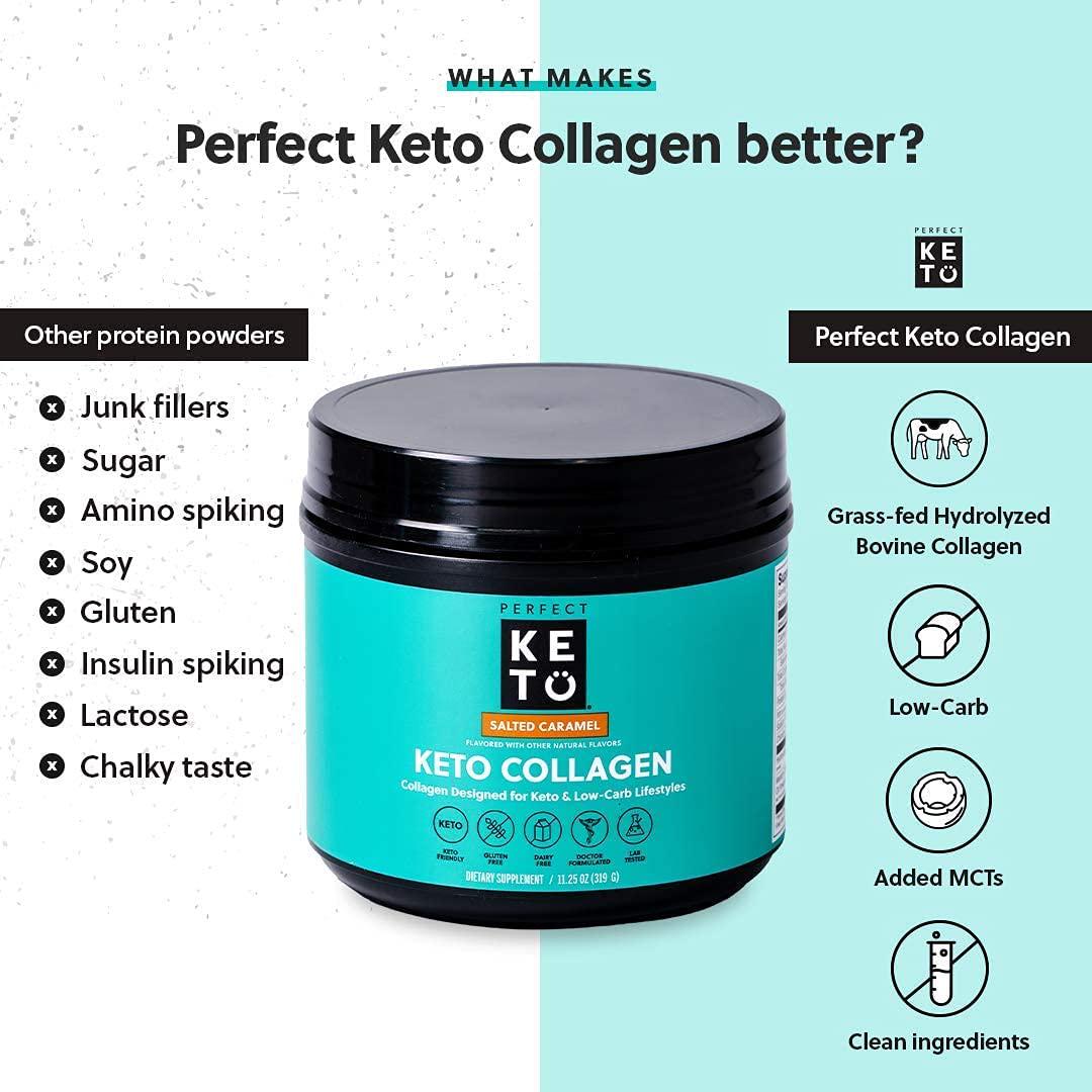 Perfect Keto Protein Powder Salted Caramel: Grass Fed Collagen Peptides Low Carb Keto Drink Supplement with MCT Oil Powder. Best as Keto Drink Creamer or Added to Ketogenic Diet Snacks. Gluten Free