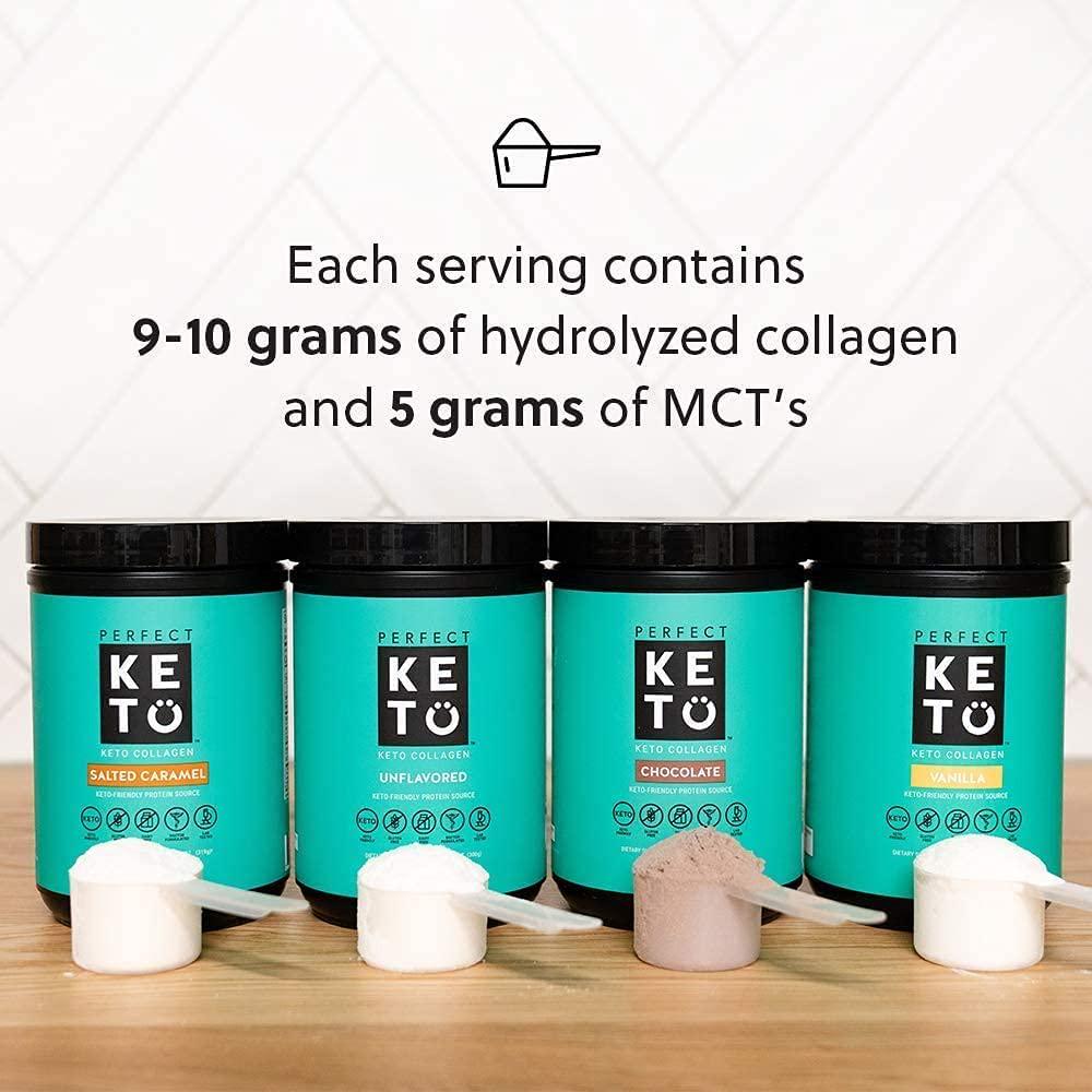 Perfect Keto Protein Powder Salted Caramel: Grass Fed Collagen Peptides Low Carb Keto Drink Supplement with MCT Oil Powder. Best as Keto Drink Creamer or Added to Ketogenic Diet Snacks. Gluten Free