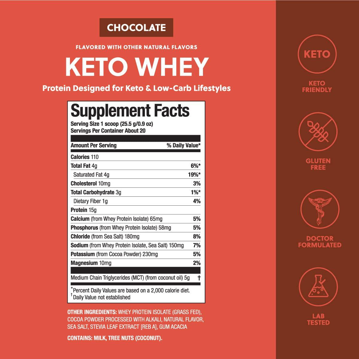 Perfect Keto Pure Whey Protein Powder Isolate Delicious 100% Grass Fed Meal Replacement Shake No Artificials, Gluten Free, Soy Free, Non-GMO (Chocolate)