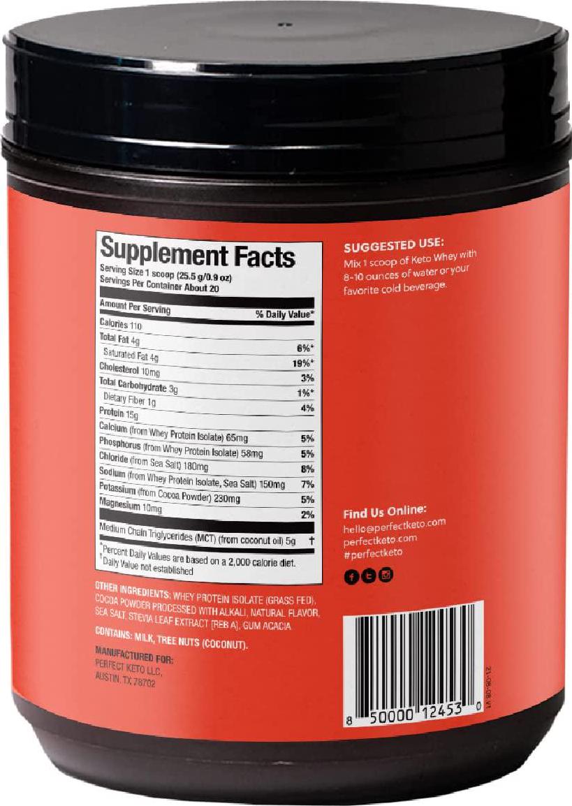 Perfect Keto Pure Whey Protein Powder Isolate Delicious 100% Grass Fed Meal Replacement Shake No Artificials, Gluten Free, Soy Free, Non-GMO (Chocolate)