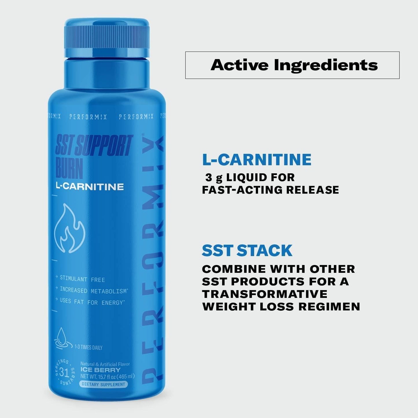 Performix - SST Support Burn - Fast-Acting L Carnitine Liquid - Converts Fat Into Energy - Improves Memory and Focus - Metabolism Booster - Stim Free - for Men and Women - 31 Servings - Ice Berry
