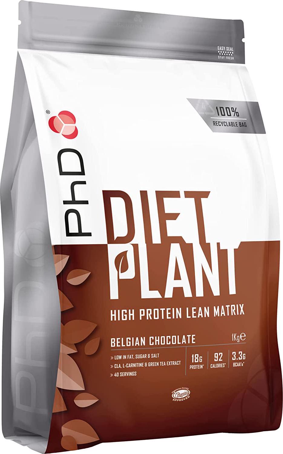 PhD Nutrition | Diet Plant | Vegan Protein Powder | Pea and Soya Protein Blend with CLA, BCAA s, L-Carnitine and Green Tea Extract | 100% Recyclable Packaging | Belgian Chocolate, 1kg (130847)