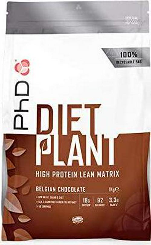 PhD Nutrition | Diet Plant | Vegan Protein Powder | Pea and Soya Protein Blend with CLA, BCAA s, L-Carnitine and Green Tea Extract | 100% Recyclable Packaging | Belgian Chocolate, 1kg (130847)
