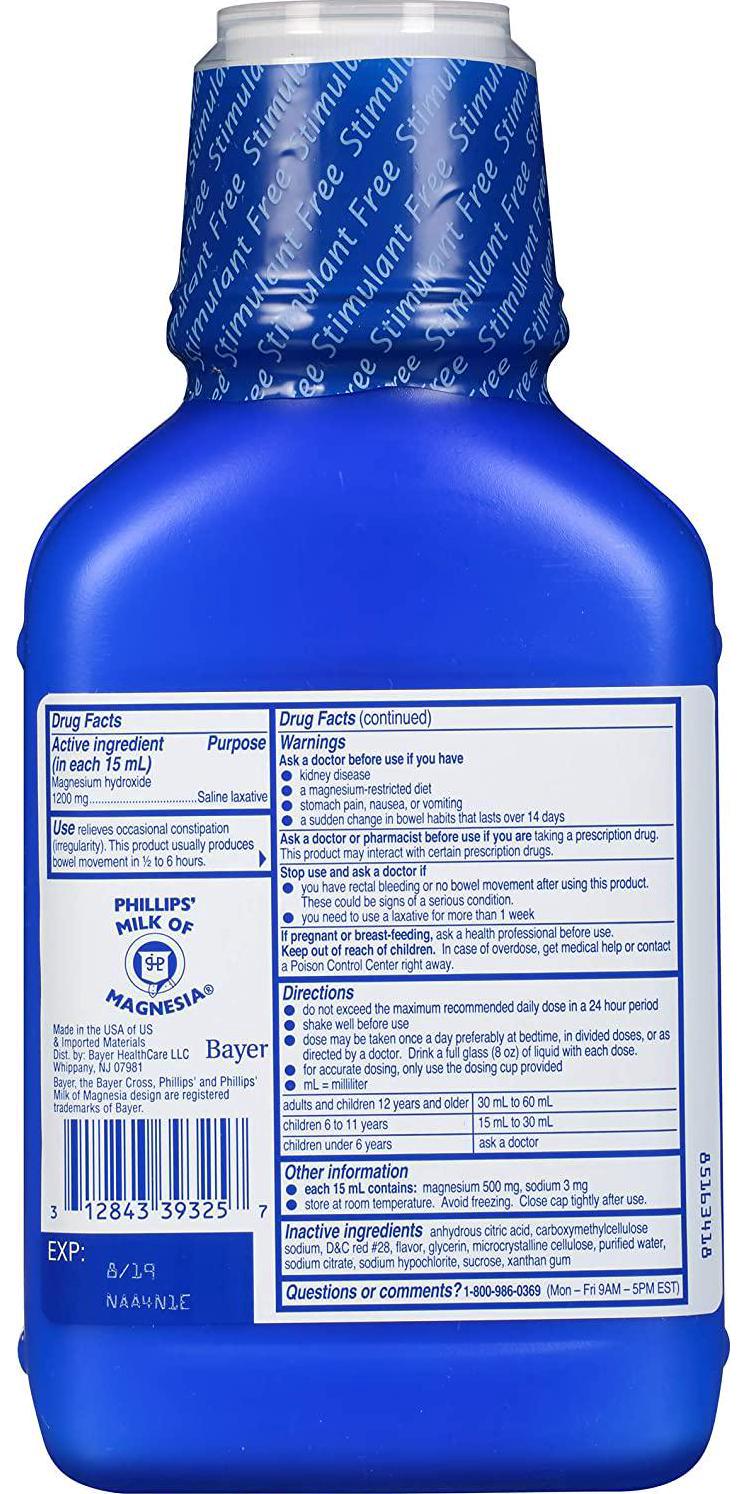 Phillips' Milk of Magnesia Liquid Laxative, Wild Cherry, 26 oz, Cramp Free and Gentle Overnight Relief Of Occasional Constipation, #1 Milk of Magnesia Brand (Packaging May Vary)