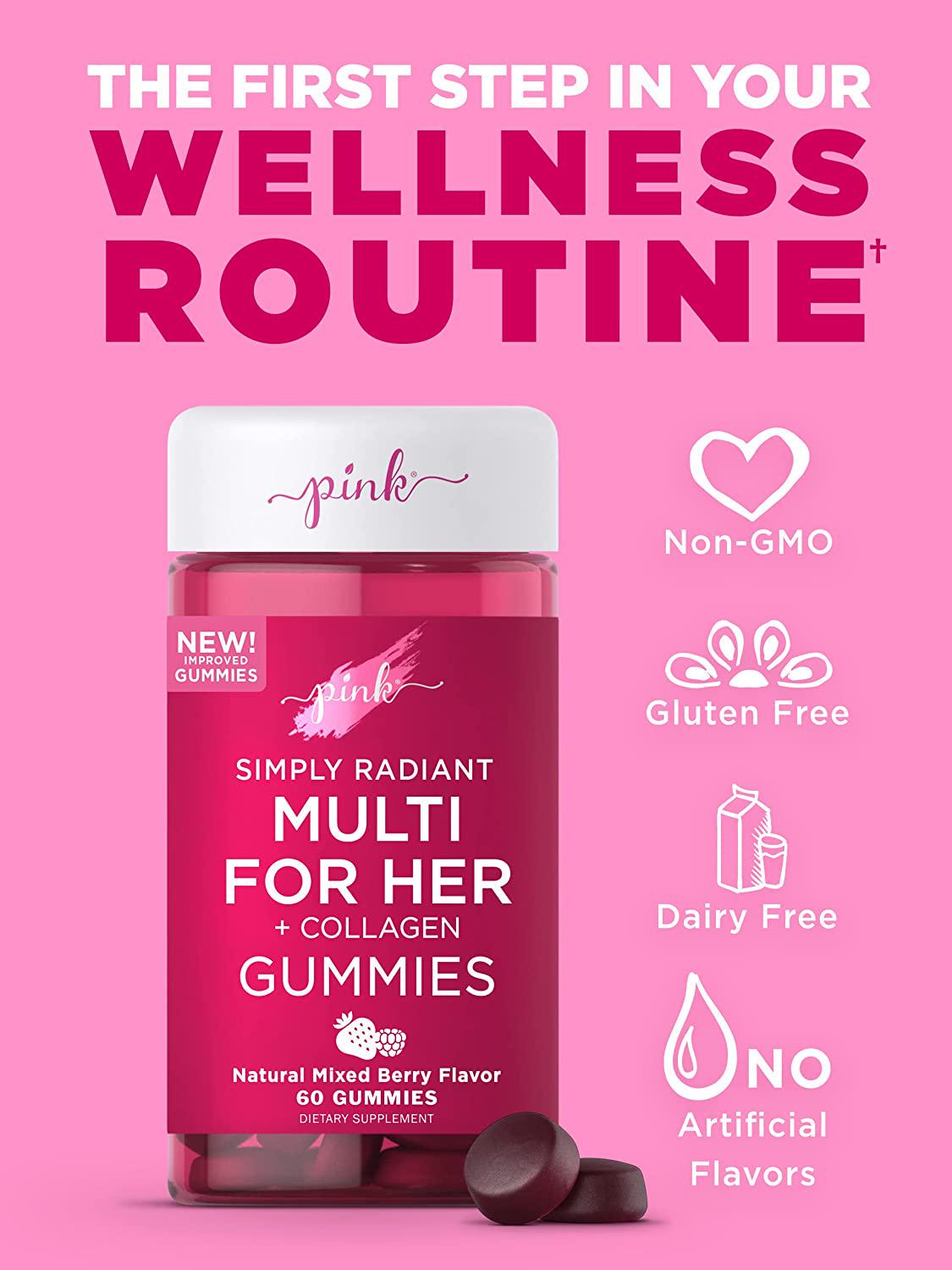 Pink Simply Radiant Multivitamin for Women | 60 Natural Mixed Berry Flavor Gummies | Nutrients from A to Z | Plus Collagen and Biotin | Non-GMO and Gluten Free | Created by Women for Women