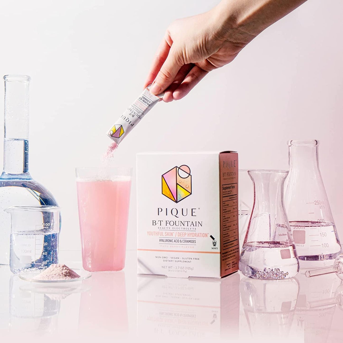 Pique BT Fountain Beauty Electrolyte Powder - Hydration Powder Packets with Hyaluronic Acid, Ceramides, Potassium, Magnesium for Hydrated Skin - No Added Sugar - 28 Single Serve Sticks (Pack of 1)