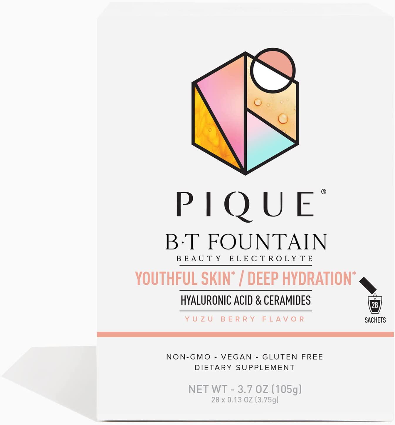 Pique BT Fountain Beauty Electrolyte Powder - Hydration Powder Packets with Hyaluronic Acid, Ceramides, Potassium, Magnesium for Hydrated Skin - No Added Sugar - 28 Single Serve Sticks (Pack of 1)