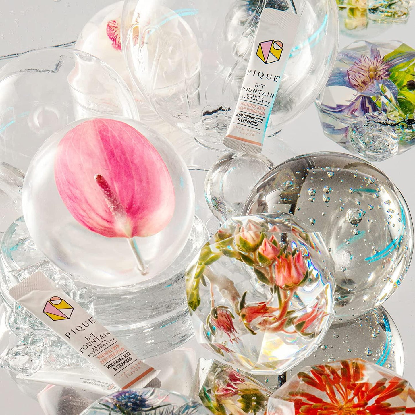 Pique BT Fountain Beauty Electrolyte Powder - Hydration Powder Packets with Hyaluronic Acid, Ceramides, Potassium, Magnesium for Hydrated Skin - No Added Sugar - 28 Single Serve Sticks (Pack of 1)