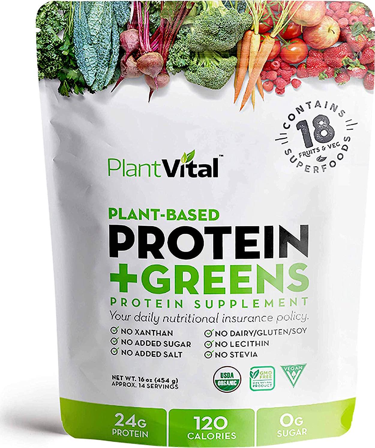 PlantVital Plant Based Protein Powder w 18 Superfoods, Veggies and Probiotics: Kale, Beets, Spirulina and More. Vegan, All BCAA s, Organic, Non-GMO, Gluten Free