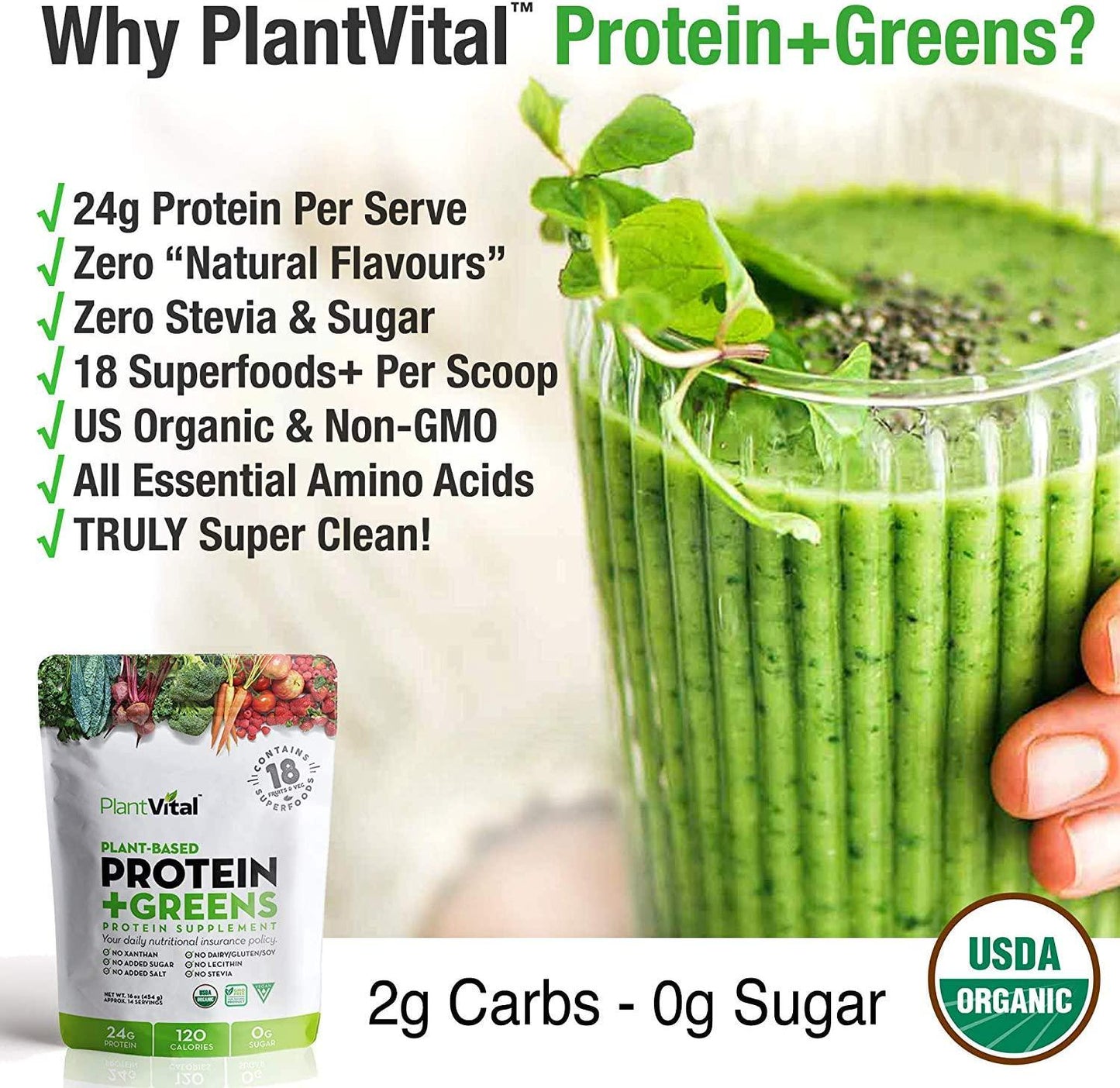 PlantVital Plant Based Protein Powder w 18 Superfoods, Veggies and Probiotics: Kale, Beets, Spirulina and More. Vegan, All BCAA s, Organic, Non-GMO, Gluten Free