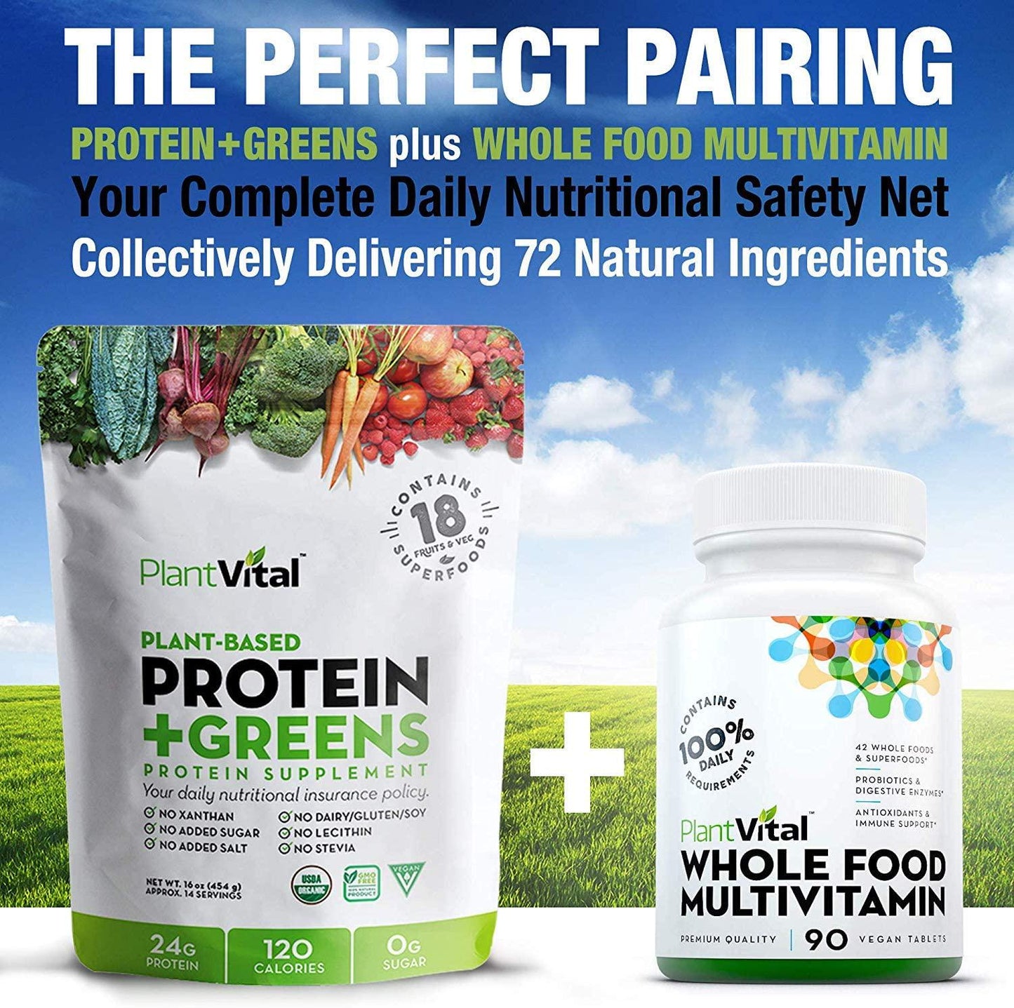 PlantVital Plant Based Protein Powder w 18 Superfoods, Veggies and Probiotics: Kale, Beets, Spirulina and More. Vegan, All BCAA s, Organic, Non-GMO, Gluten Free