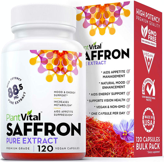 PlantVital Saffron Supplement - 100% Pure Saffron Extract. Support Healthy Appetite Control, More Energy, Mood Booster, Eye Health, and May Prevent Macular Degeneration - 1 Bottle