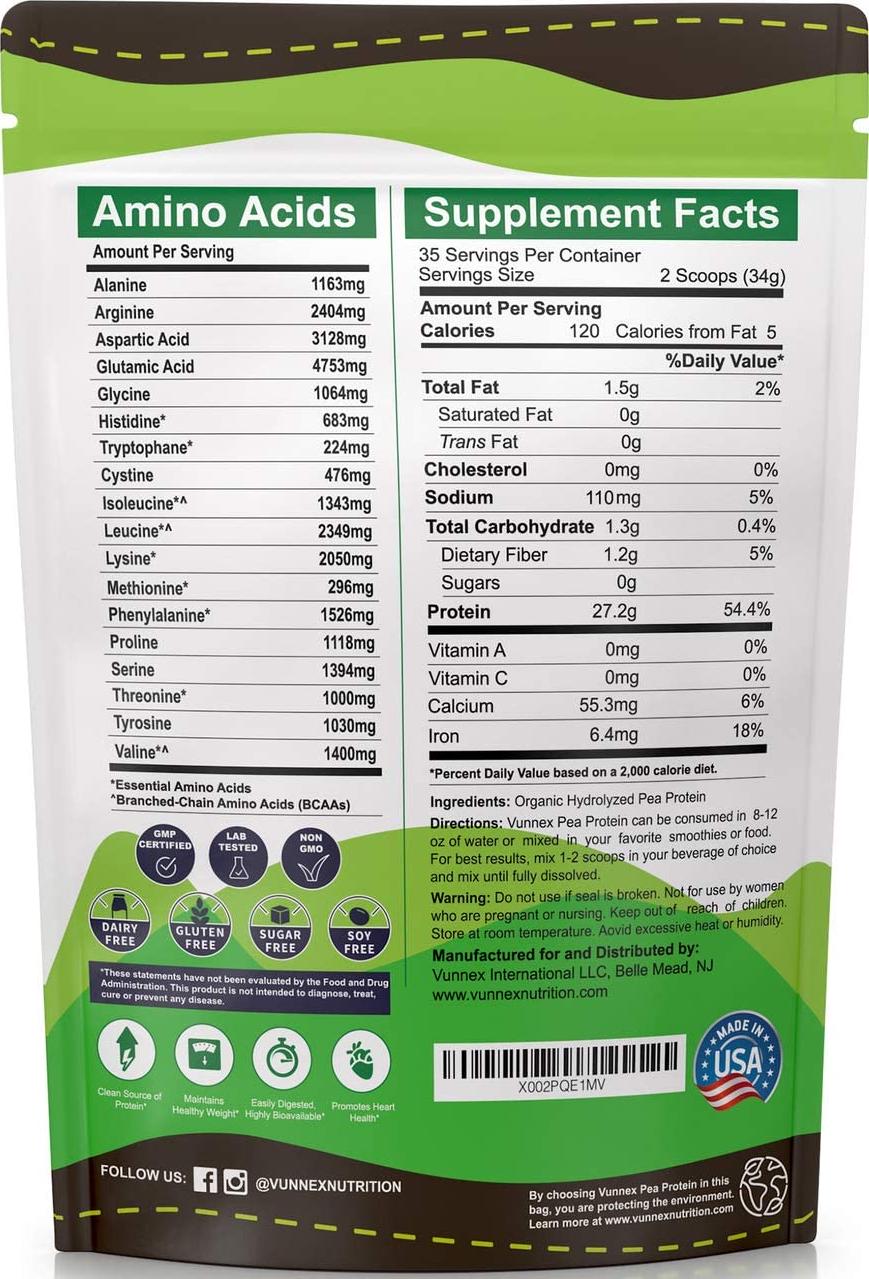 Plant Based - 100% Pure Organic Hydrolyzed Pea Protein Powder - Canada Grown Yellow Pea, Vegan Natural Unflavored, Dairy Free, Gluten Free, Soy Free, Sugar Free, Non-GMO with BCAA 2.62lb