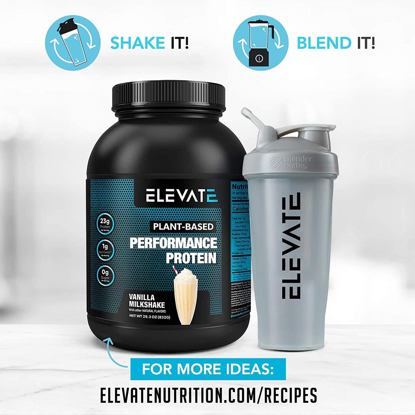 Plant Based Vegan Protein Powder with High BCAAs and Glutamine, Low Carb Protein Powder Vanilla Milkshake, Non GMO, NO Sugar, Dairy and Soy Free (26 Servings) - Elevate Nutrition