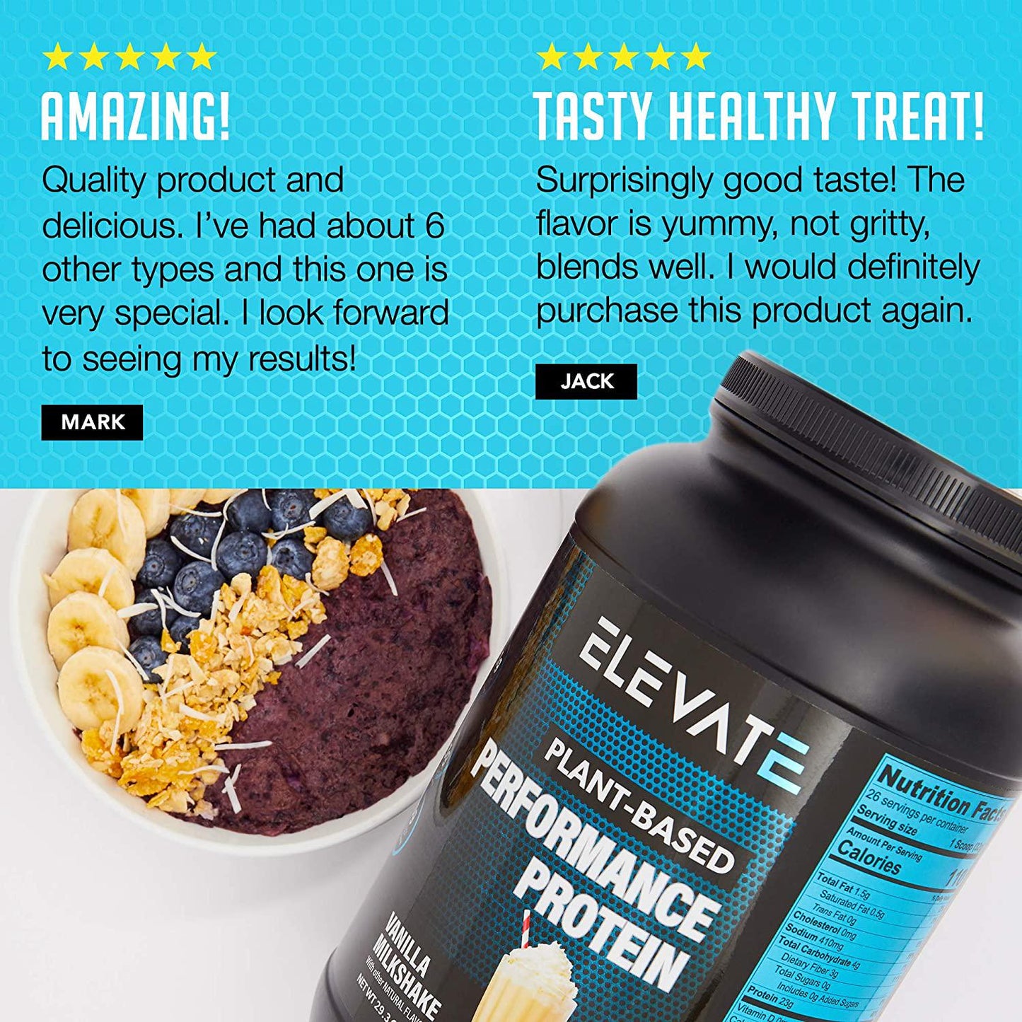 Plant Based Vegan Protein Powder with High BCAAs and Glutamine, Low Carb Protein Powder Vanilla Milkshake, Non GMO, NO Sugar, Dairy and Soy Free (26 Servings) - Elevate Nutrition