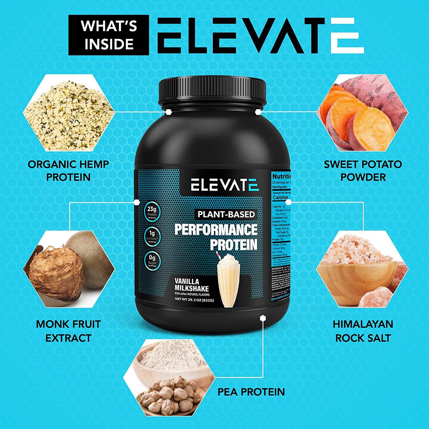 Plant Based Vegan Protein Powder with High BCAAs and Glutamine, Low Carb Protein Powder Vanilla Milkshake, Non GMO, NO Sugar, Dairy and Soy Free (26 Servings) - Elevate Nutrition